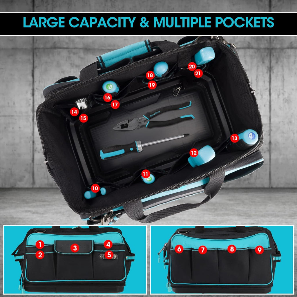 DURATECH 17" Wide Mouth Tool Bag, Large Storage 32 Pocket Tool Bag Organizer with Water Proof Molded Base, Adjustable Strap, Clip Design, 840D Oxford Fabric