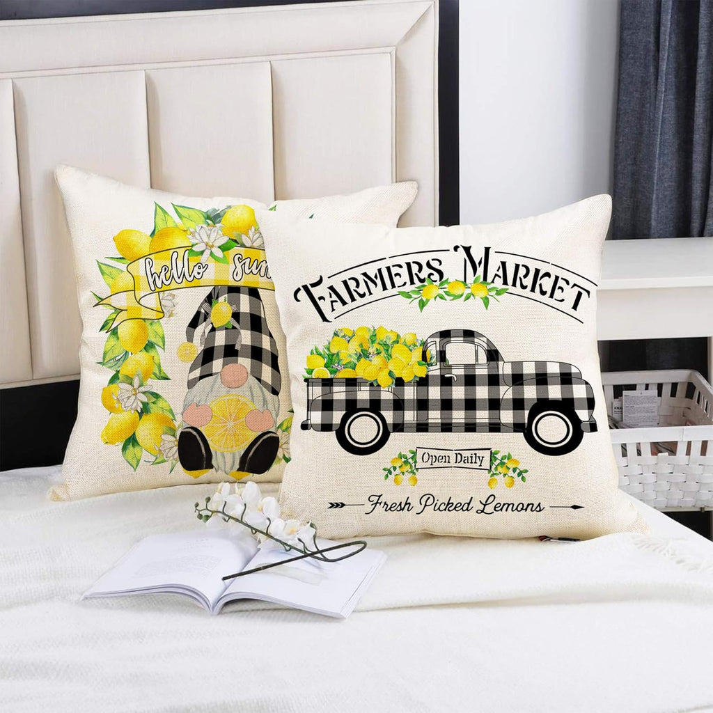 Set of 4 Hexagram Lemon Farmhouse Pillow Covers 16x16 - Summer Buffalo Plaid Decorative Cushions for Couch, Sofa, and Indoor Living Room Decor (No Insert)