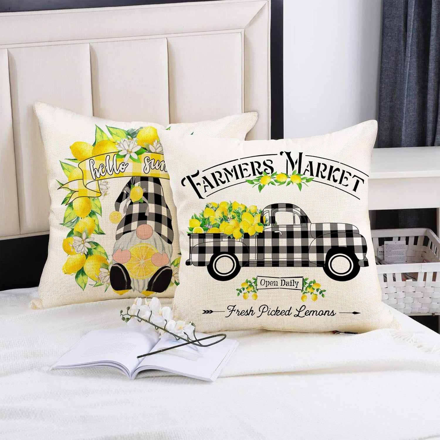 Set of 4 Hexagram Lemon Farmhouse Pillow Covers 16x16 - Summer Buffalo Plaid Decorative Cushions for Couch, Sofa, and Indoor Living Room Decor (No Insert)