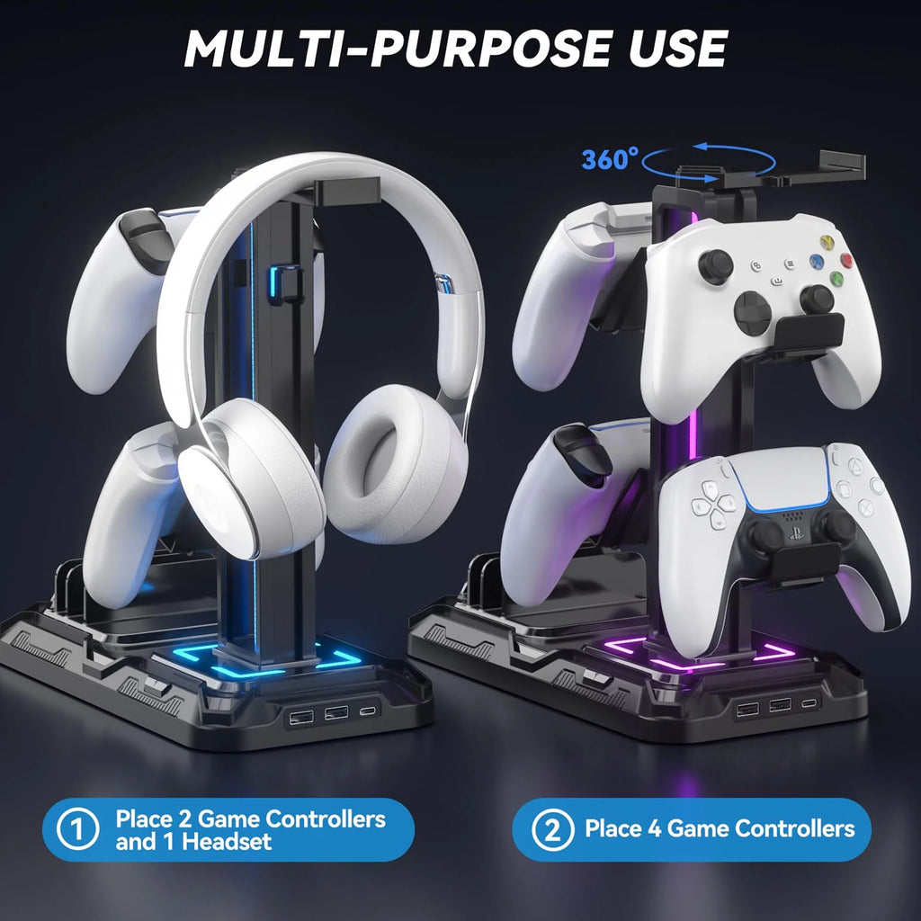 Charging Station, Headphone Stand RGB, Controller Holder with USB A&C PC Gaming Accessories Storage