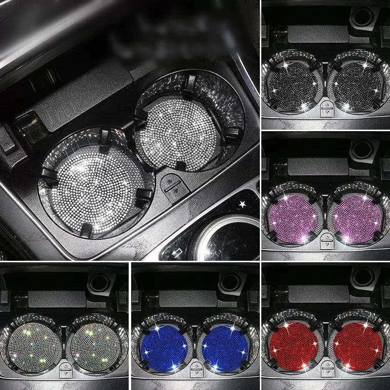 Set of 2 Rhinestone-Embellished Car Cup Holder Coasters for Women - Universal Anti-Slip Automotive Interior Accessories