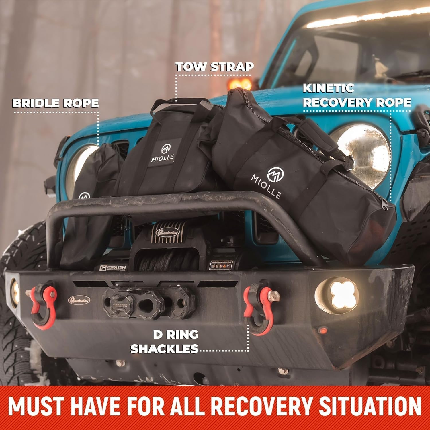 Miollegear Heavy-Duty 4”x30’ Tow Strap Kit - 45000Lbs MBS Recovery Strap with Tow Rope, 2 D-Ring Shackles (MBS 62700Lbs) & Storage Case