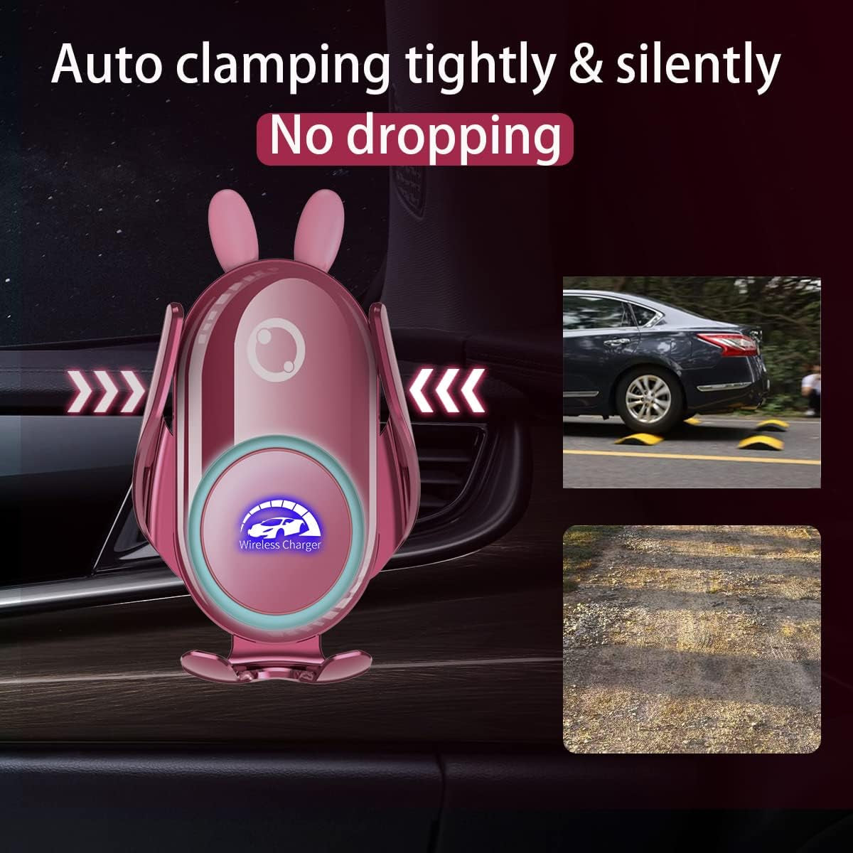 Wireless Car Charger Mount, Auto-Clamping,15W Dashboard Vent, Pink Cute Car Phone Holder Women for Iphone Samsung Andriod Phone