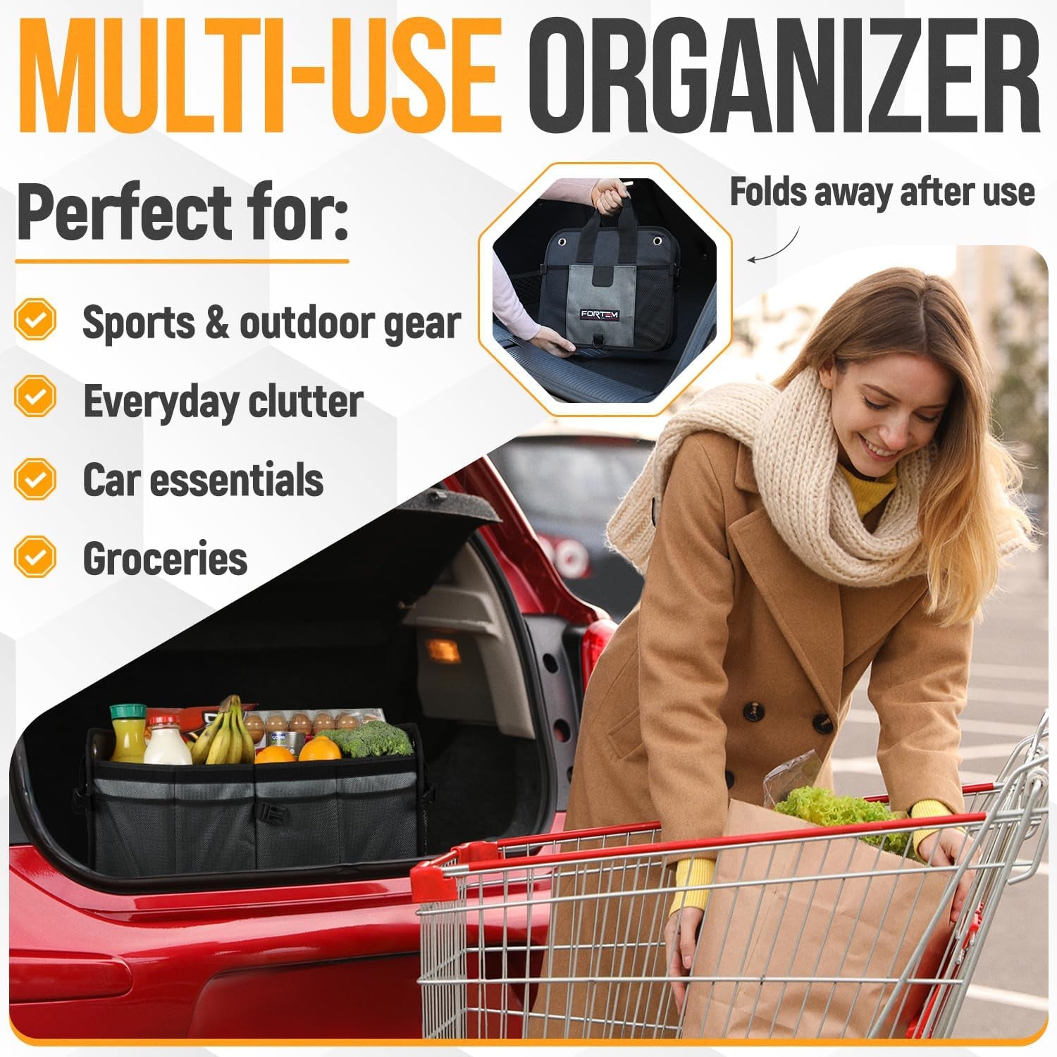 Ultimate FORTEM SUV Trunk Organizer - Collapsible Multi-Compartment Storage Bag with Non-Slip Bottom & Adjustable Straps - Perfect Car Accessory for Men & Women (65L)