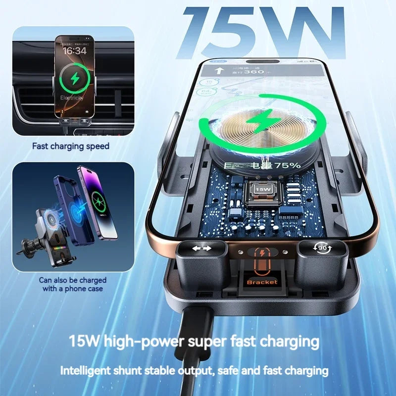 Auto-Sensing Electric Telescopic 360° Rotating 15W Universal Car Wireless Charger Mount Ambient Light for Iphone/Samsung/Xiaomi