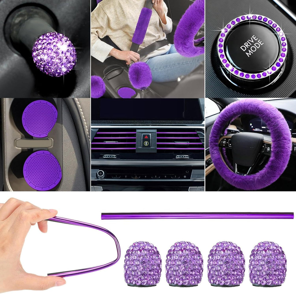 Stylish Woanger 47-Piece Car Seat Cover Set for Women - Fluffy Steering Wheel Cover, Floor Mats & More in Purple & Black