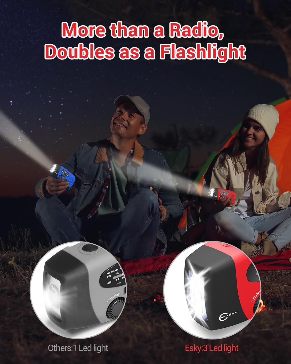 Esky Emergency Hand Crank Radio 7400Mwh with 3 LED Flashlight, AM/FM/NOAA Portable Weather Radio with Built-In 2000Mah Battery, Solar Powered Radio for Indoor Outdoor Survival Camping, SOS Alarm