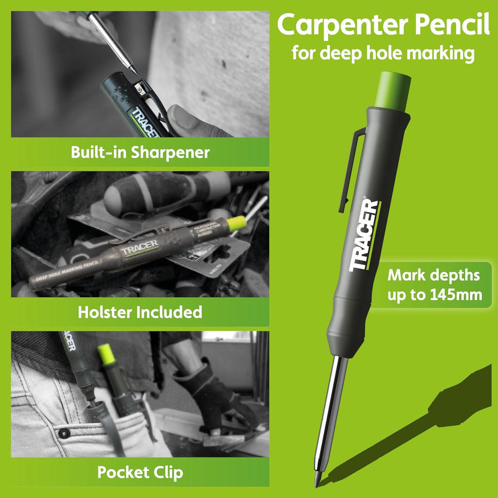 Tracer 8 Piece Construction Marker Kit - Deep Hole Carpenter Pencil Set, 2 Deep Hole Marking Pen, and Four Heavy Duty Clog-Free Markers, 2.8Mm Replacement Leads & Storage Case for Woodworking Tools