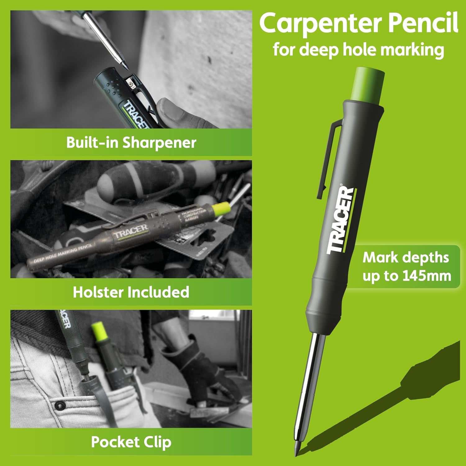 Tracer 8 Piece Construction Marker Kit - Deep Hole Carpenter Pencil Set, 2 Deep Hole Marking Pen, and Four Heavy Duty Clog-Free Markers, 2.8Mm Replacement Leads & Storage Case for Woodworking Tools