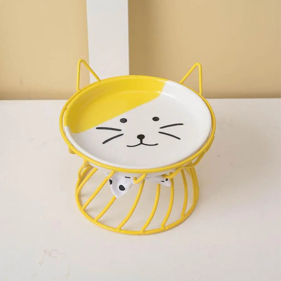 Ceramic Pet Feeding Bowl with Stand - Cute Cat Pattern, Suitable for Dogs and Cats, 1 Count