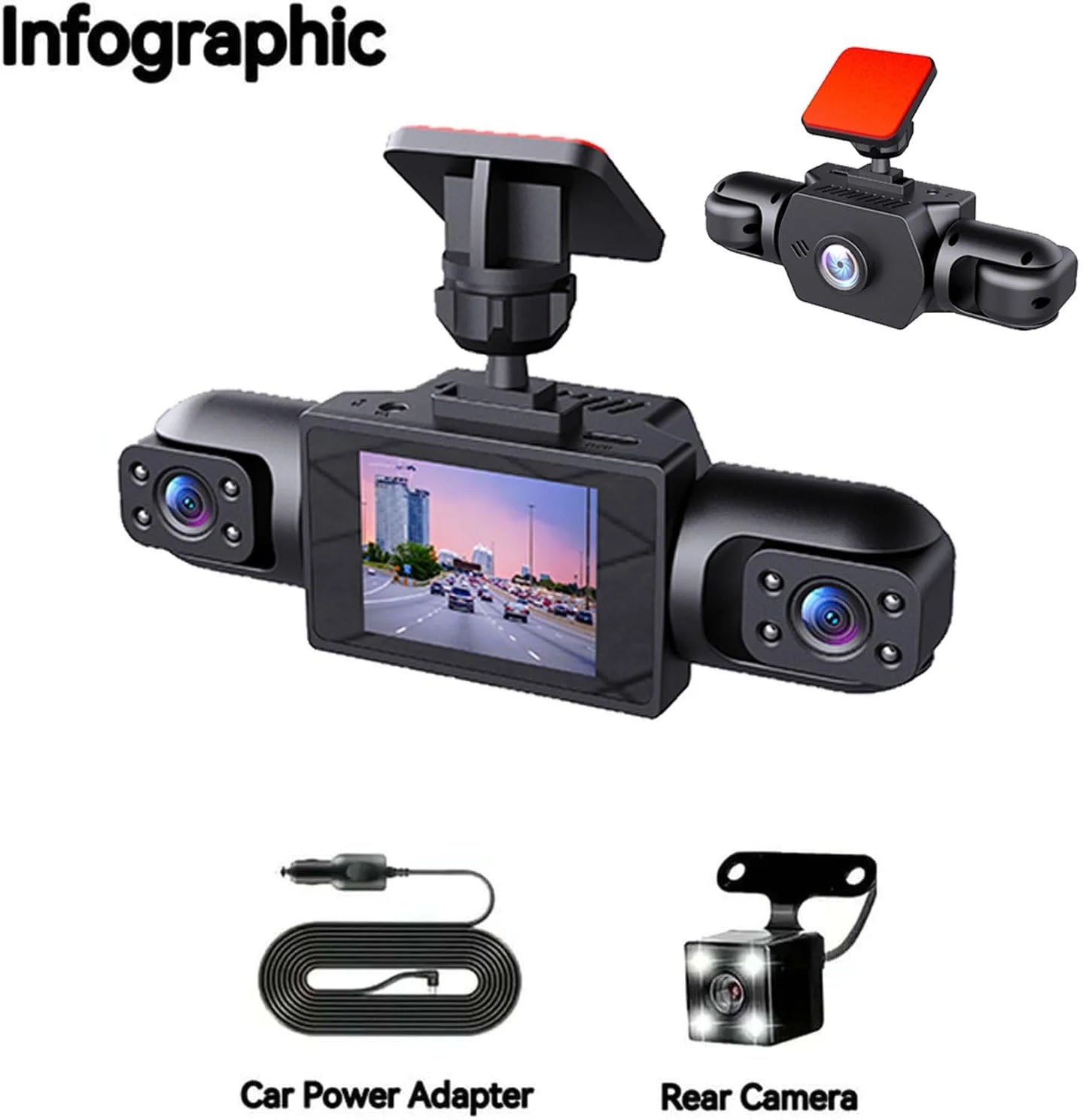 Full View Car Dashcam System, 360 Degree Car Dash Cam Wireless, 1080P 4-Lens Panoramic Driving Recorder, Wifi Camaras Para Vehiculos with Interior Infrared Light, for Cars (Three Sides)