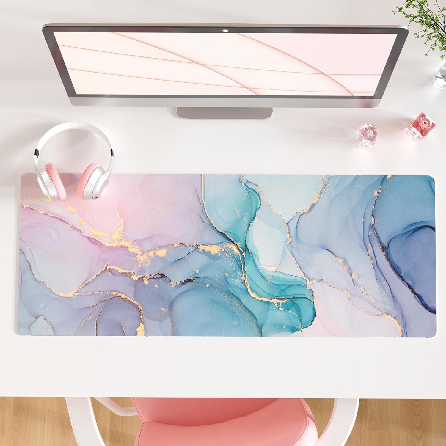 QIYI White Mouse Pad, Cute Marble Large Desk Mat, PU Leather Desk Protector Mousepad, Gold Grey Striped Waterproof Computer Keyboard Gaming Mouse Pads, Non Slip Extended Writing Pad 31.5" X 15.7"