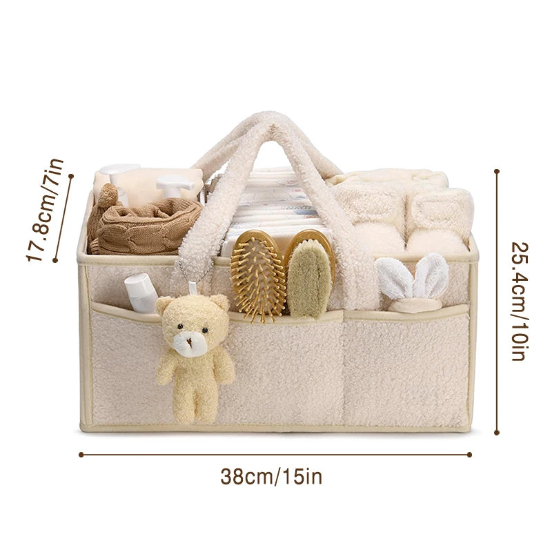 Baby Plush Storage Nursery Organizer Basket Infant Diaper Bag with Handle Caddy Changing Nappy Kids Storage Carrier Large Pocket