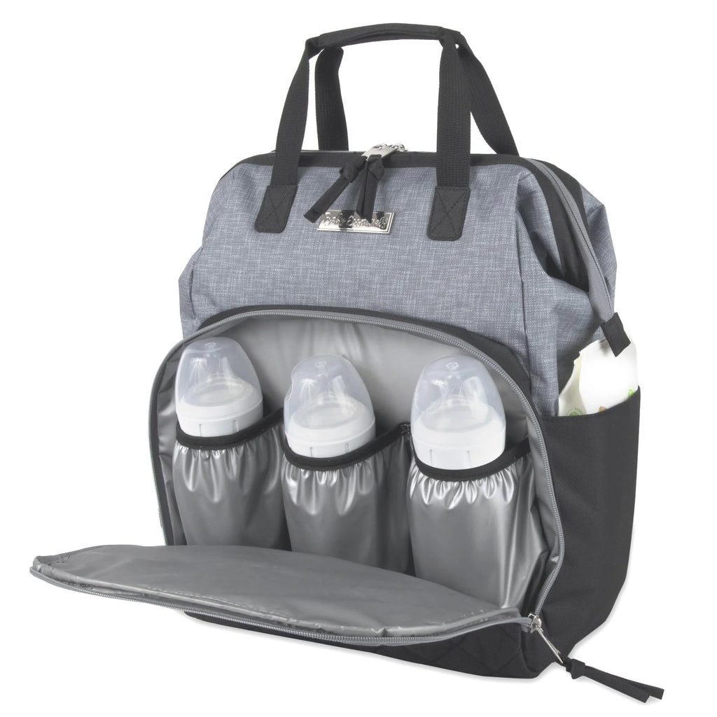 Baby Essentials Super Cooler Main Frame Dual Zipper Closure Diaper Bag Backpack Tote with Matching 6-Ply Changing Pad, Insulated Bottle Pockets and Stroller Straps in Black & Gray