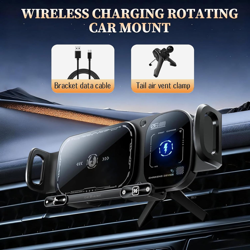 Wireless Charging Rotating Car Mount, 15W Fast Charger with Auto Clamping, One-Click 90° Rotation, 360° Rotation, Anti-Shake Technology, Foldable Phone Fit