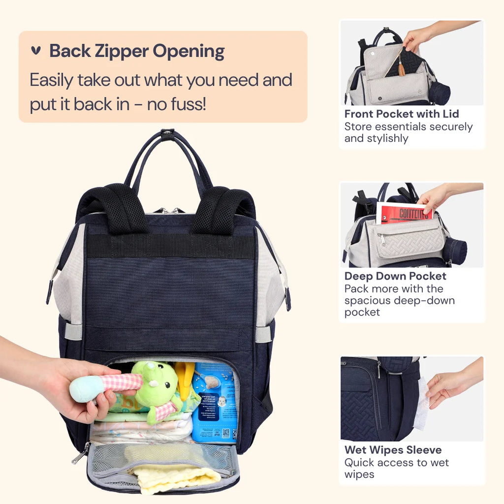 Babbleroo Wide Top Diaper Bag Backpack- Stone Gray & Blue