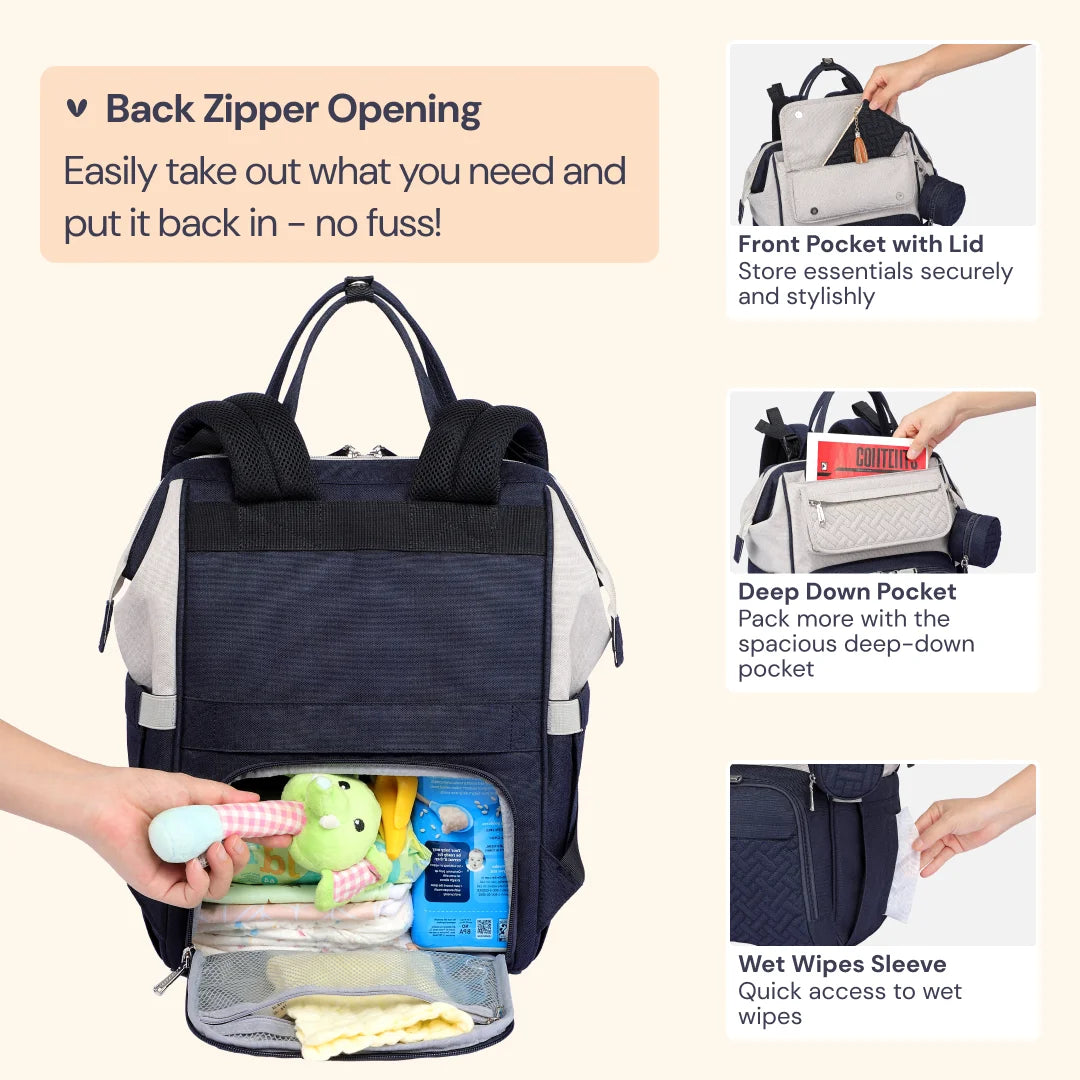 Babbleroo Wide Top Diaper Bag Backpack- Stone Gray & Blue