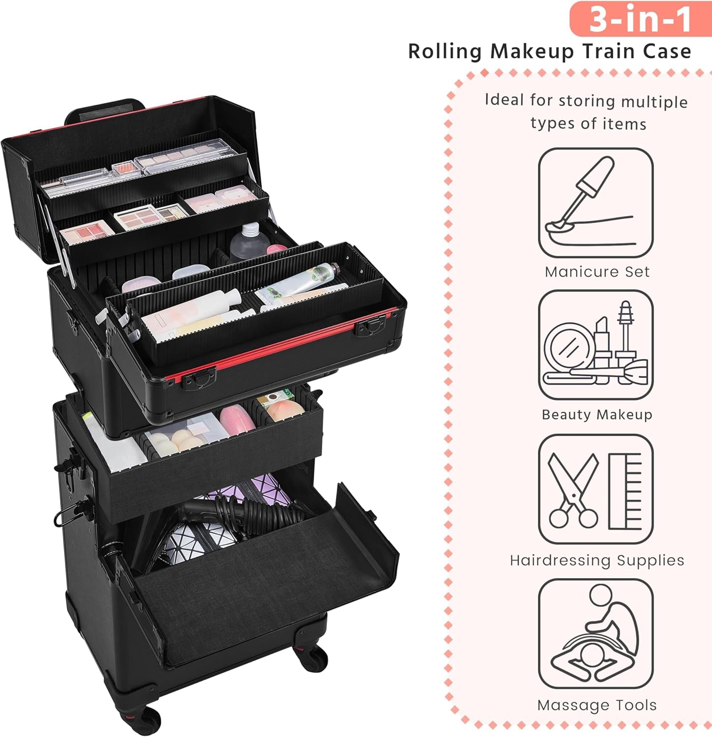 Yaheetech Makeup Train Case 3 in 1 Professional Cosmetic Trolley Multi-Functional Organizers Large Storage Traveling Cart Trunk for Nail Tech - Black