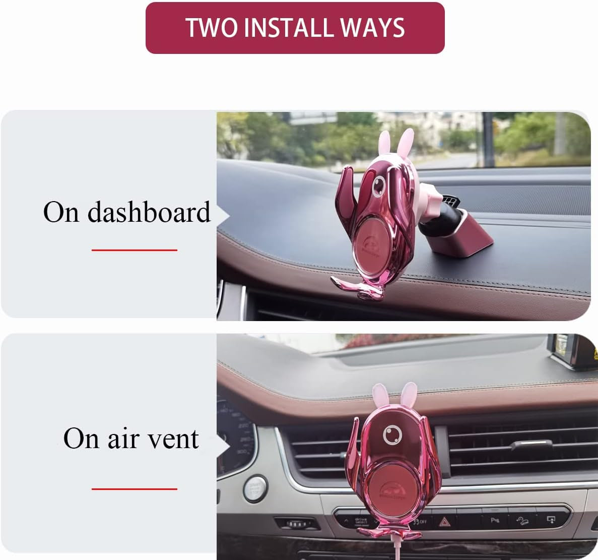 Wireless Car Charger Mount, Auto-Clamping,15W Dashboard Vent, Pink Cute Car Phone Holder Women for Iphone Samsung Andriod Phone