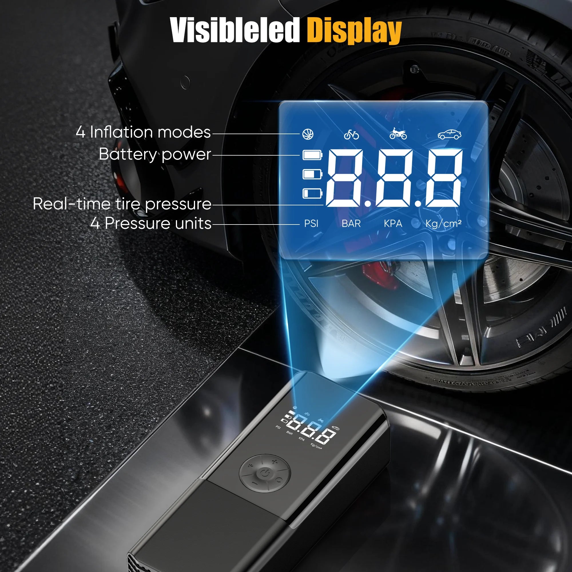 AOMBOO Tire Inflator Portable Air Compressor, for Car Tires with Automatic Shutoff, 150 PSI Digital Pressure Gauge, Emergency LED Light, Cordless and Compact Automotive Pump, Black