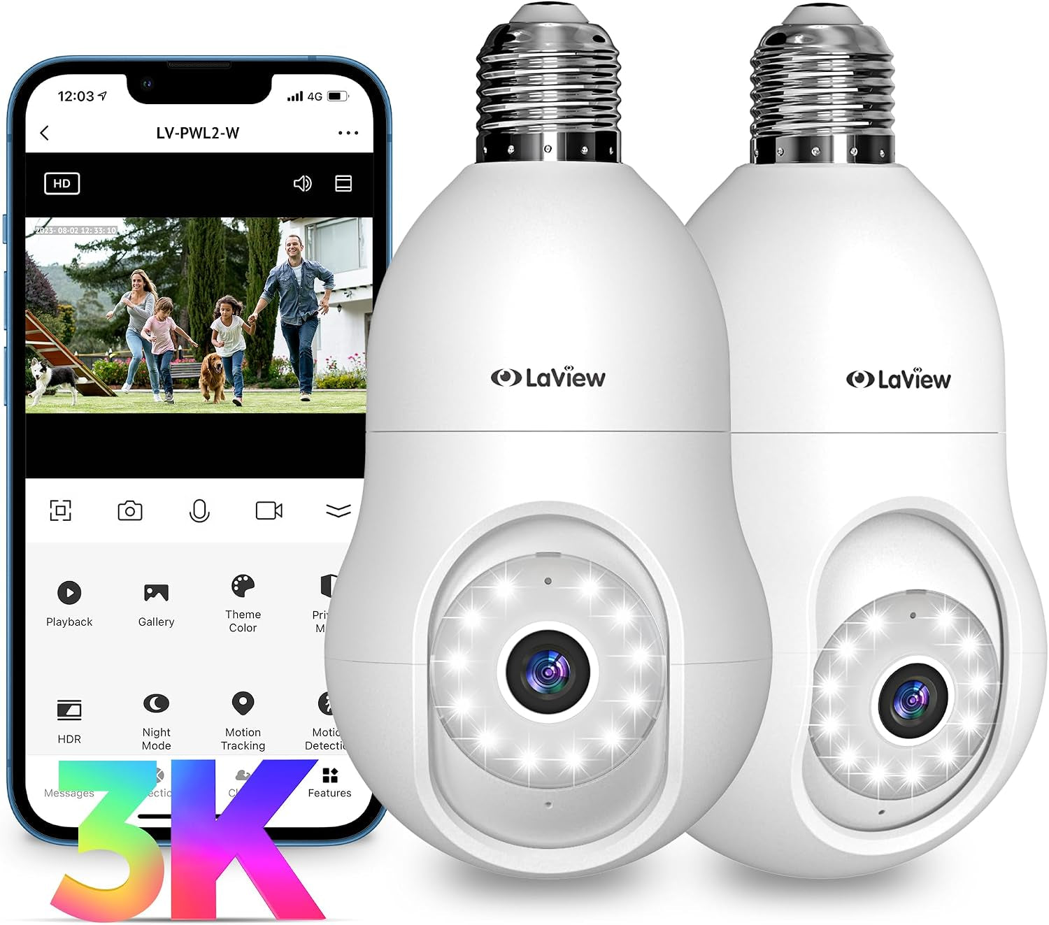 Laview 4G LTE Cellular Light Bulb Security Camera,360°2K Security Cameras Wireless Outdoor Indoor 4MP Full Color Day and Night,Motion Detection, Audible Alarm,Easy Installation,Compatible with Alexa