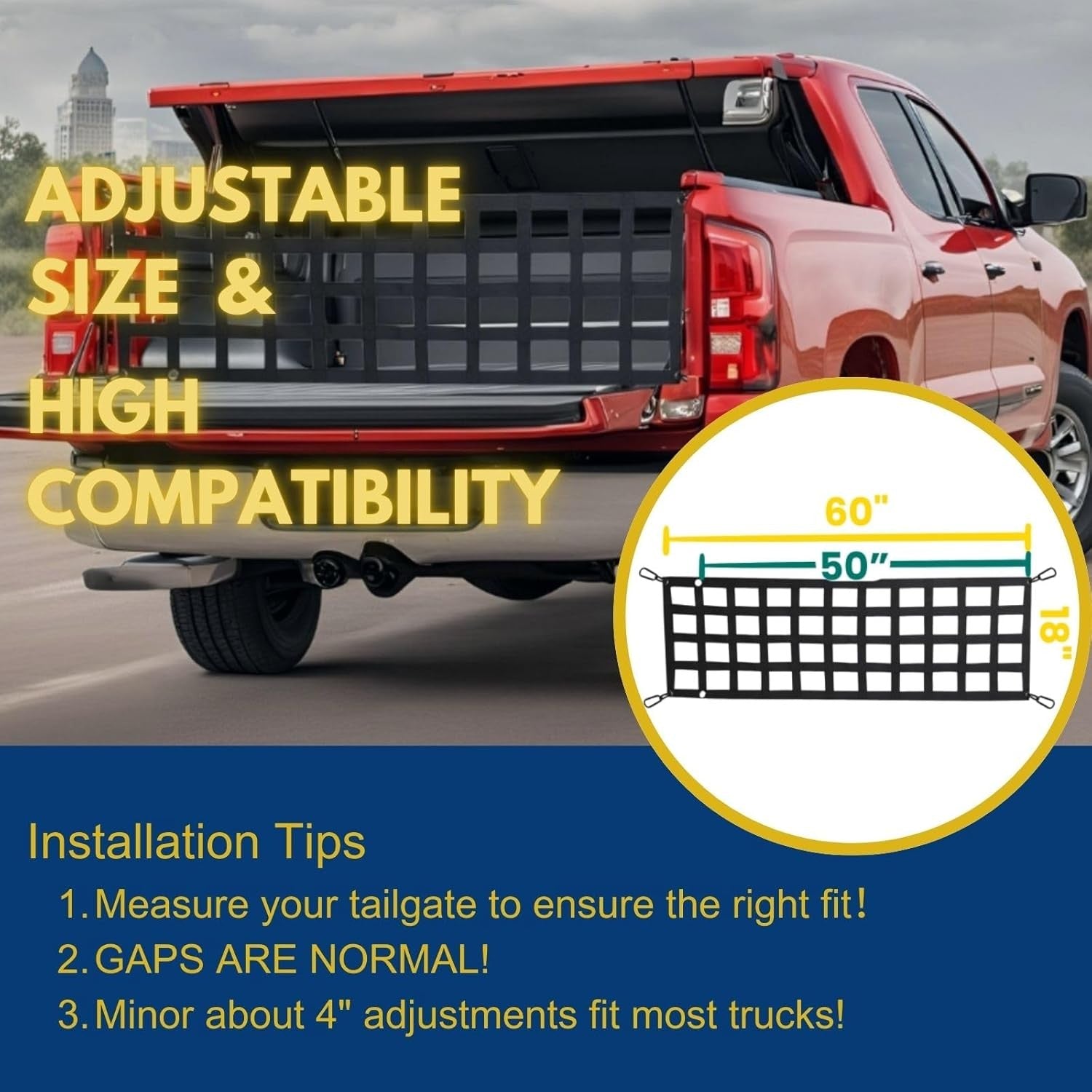 Heavy Duty Tailgate Net - 60" x 18" for Pickup Truck Bed, Easy Installation