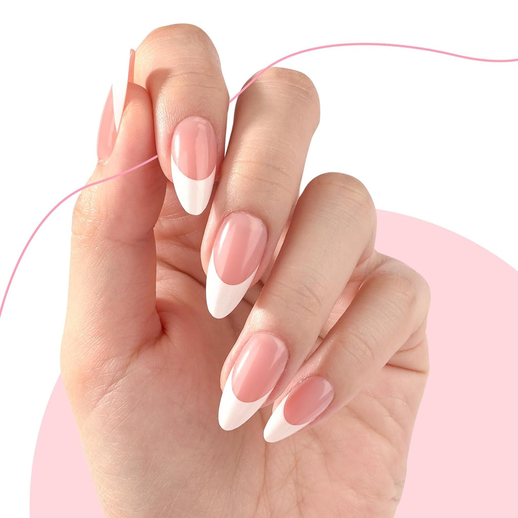 Canvalite 300Pcs French Tip Press on Nails - Pre-Colored Almond Fake Nails with Designs for Quick & Easy DIY Nail Extensions - Perfect Valentines Day Gift in Pink & White