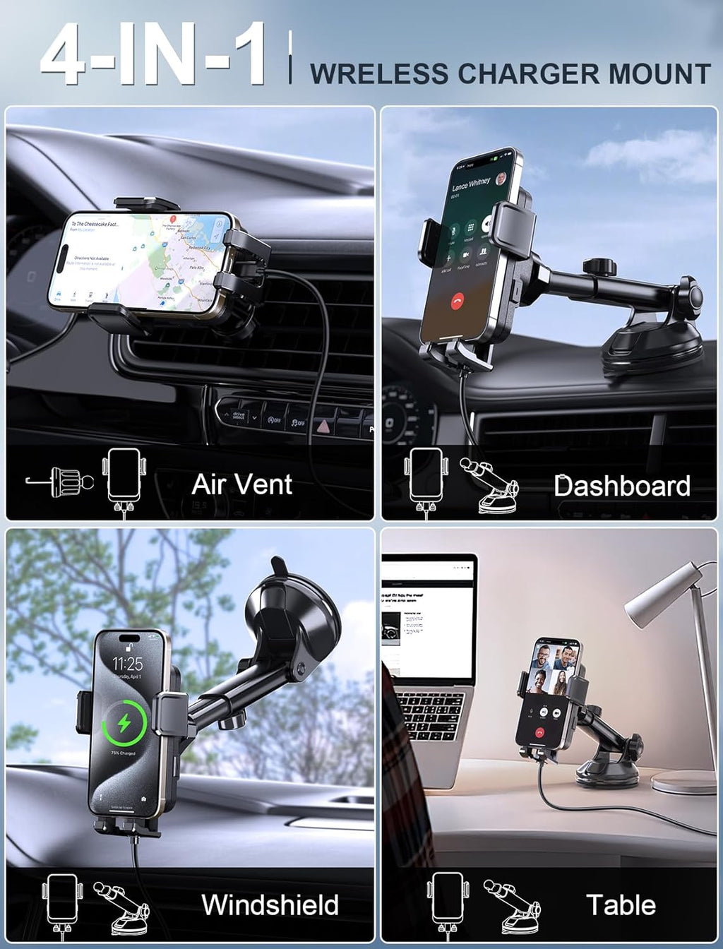 Wireless Car Charger, MOKPR 15W Fast Charging Auto Clamping Dashboard Windshield Air Vent Car Phone Holder with LED Light Car Charger for Iphone 16 15/14/13/12 Pro Max Plus, Samsung S23/S22/S21,Etc