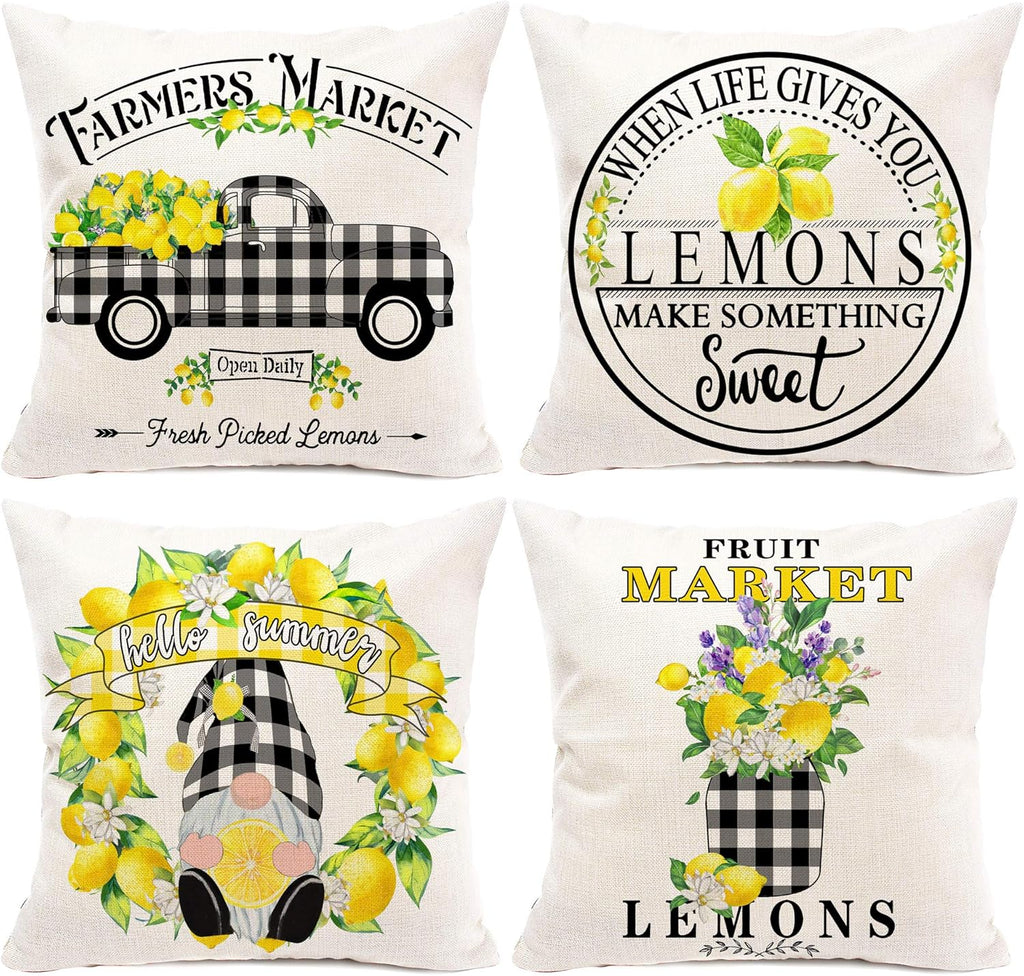 Set of 4 Hexagram Lemon Farmhouse Pillow Covers 16x16 - Summer Buffalo Plaid Decorative Cushions for Couch, Sofa, and Indoor Living Room Decor (No Insert)