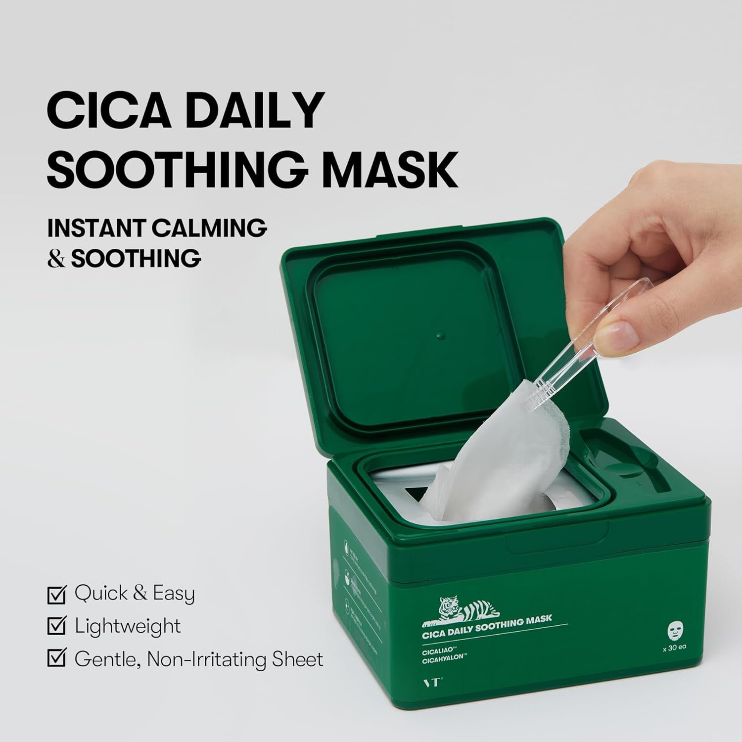 VT COSMETICS CICA Daily Soothing Mask - 30 Sheets of Hydrating & Moisturizing Facial Masks with Centella Asiatica & Hyaluronic Acid for Instant Calm, Glow, and Soft Skin - Korean Skincare Essential