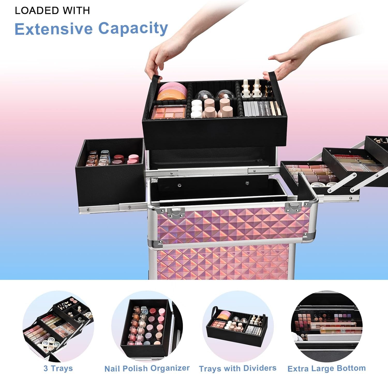 Stagiant Rolling Makeup Train Case Large Storage Cosmetic Trolley 4 Tray with Sliding Rail Removable Middle Layer with Key Swivel Wheels Salon Barber Case Traveling Cart Trunk