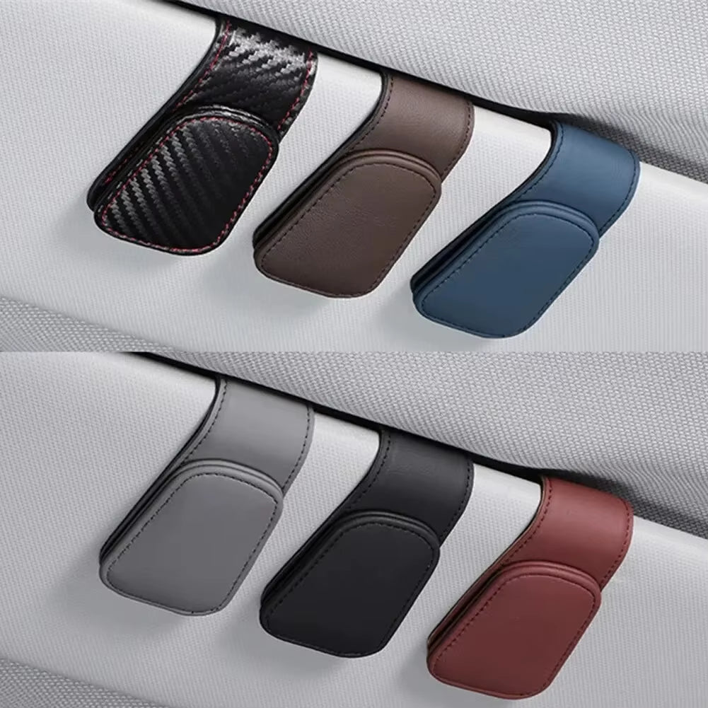 Premium Universal Car Sun Visor Eyeglass Hanger Clip - Magnetic Leather Glasses Holder & Multi-Function Storage Solution