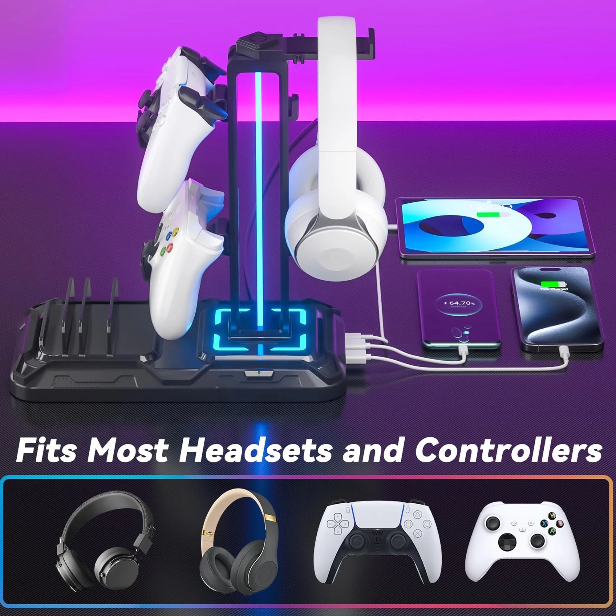 Charging Station, Headphone Stand RGB, Controller Holder with USB A&C PC Gaming Accessories Storage