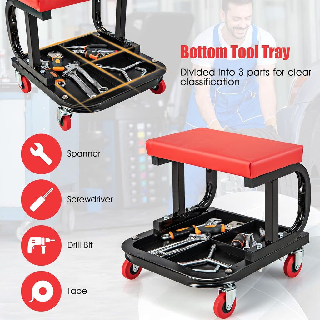 Goplus Mechanic Stool with Wheels, 22.5”-27.5” Adjustable Rolling Garage Stool with Padded Seat, 330LBS Capacity, Tool Tray, Heavy Duty Creeper Seat, 360° Swivel Shop Chair for Workshop