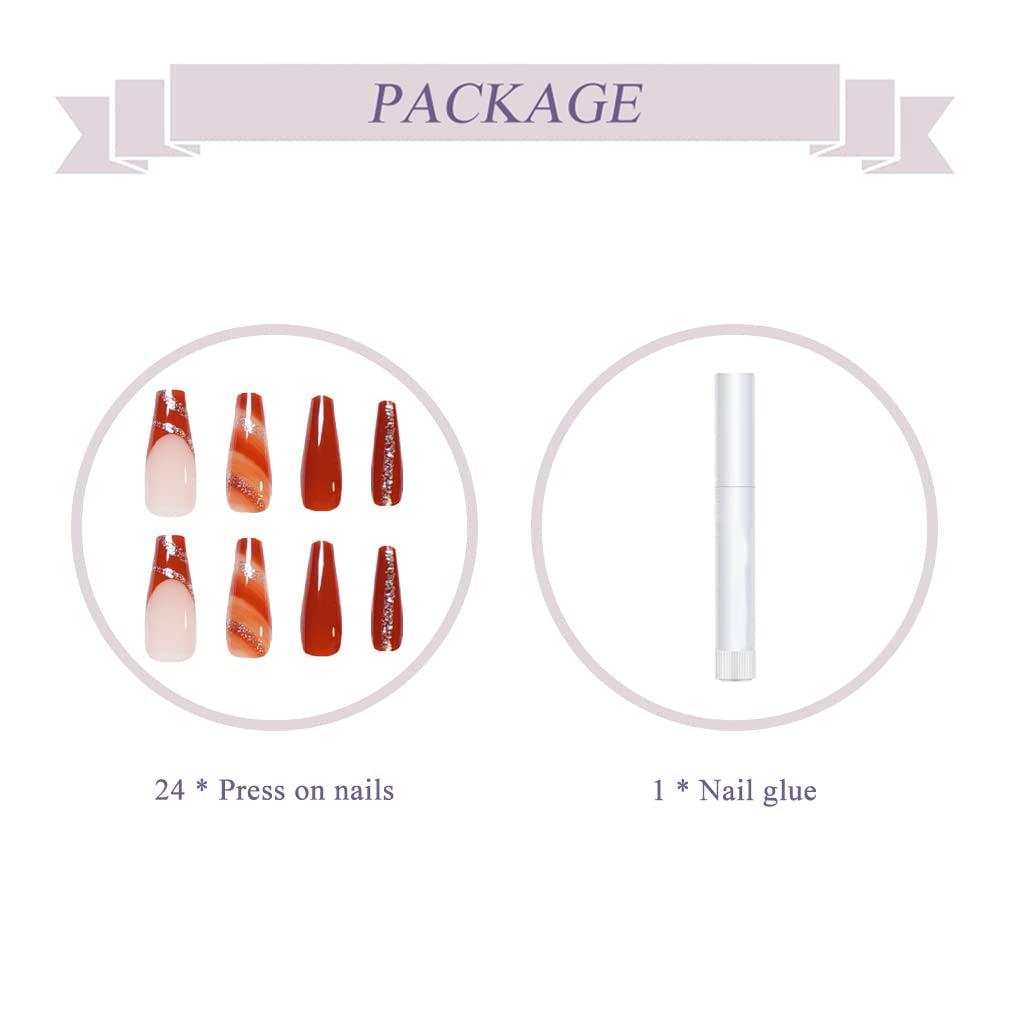BABALAL Long Coffin Press-On Nails - 24Pcs Brown Fall Acrylic with Bling Glossy Finish for Stunning Manicure