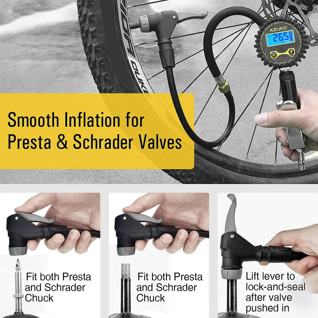 Bicycle Tire Inflator with Integrated Pressure Gauge for Presta and Schrader Valves