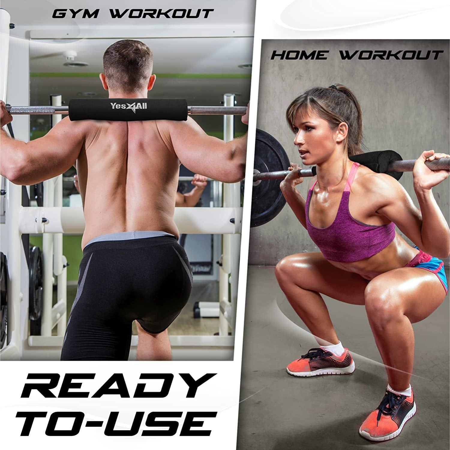 Yes4All Ergonomic Foam Bar Pad, Olympic Barbell Squat & Neck Pad for Squats, Hip Thrusts & Weight Lifting Bar
