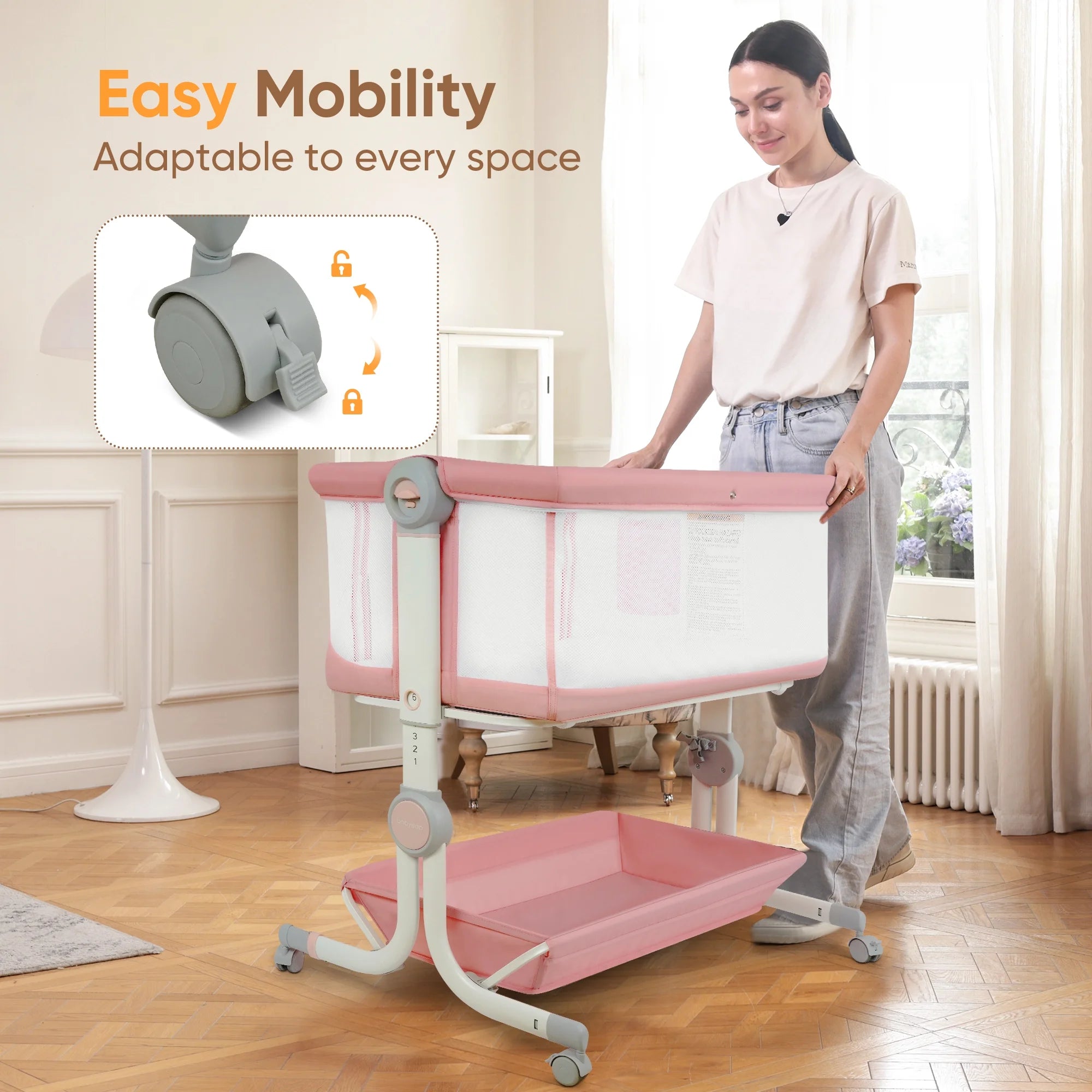 Babyeap 3 in 1 Baby Bassinet,Baby Basinet Bedside Sleeper,Standalone Baby Crib,6 Height Adjustable Portable Crib for Newborn,Pink