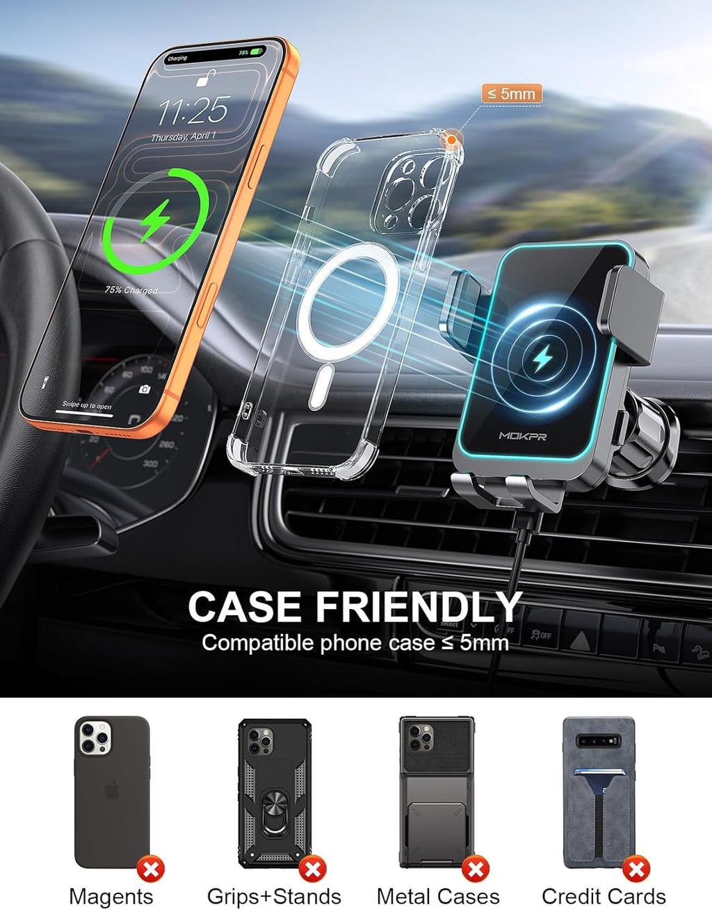 MOKPR Wireless Car Charger, Auto Clamping Car Charger Dash Windshield Air Vent Phone Holder Compatible with Iphone 17 16 15 14/13/13 Pro/12 Pro/12/11/X/8, Samsung S24/S23/S22