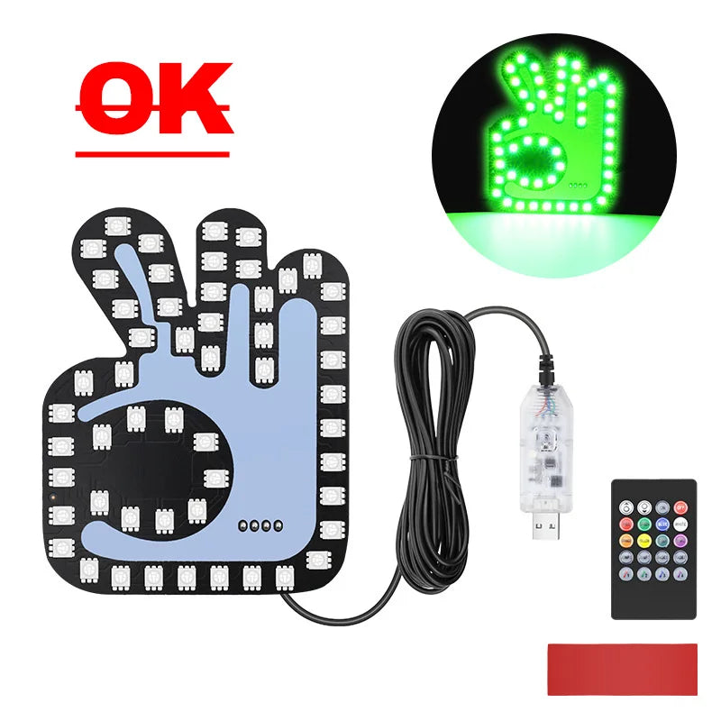Colorful LED RGB USB Gesture-Controlled Car Light - Middle Finger Hand Lamp for Trucks and Vehicles