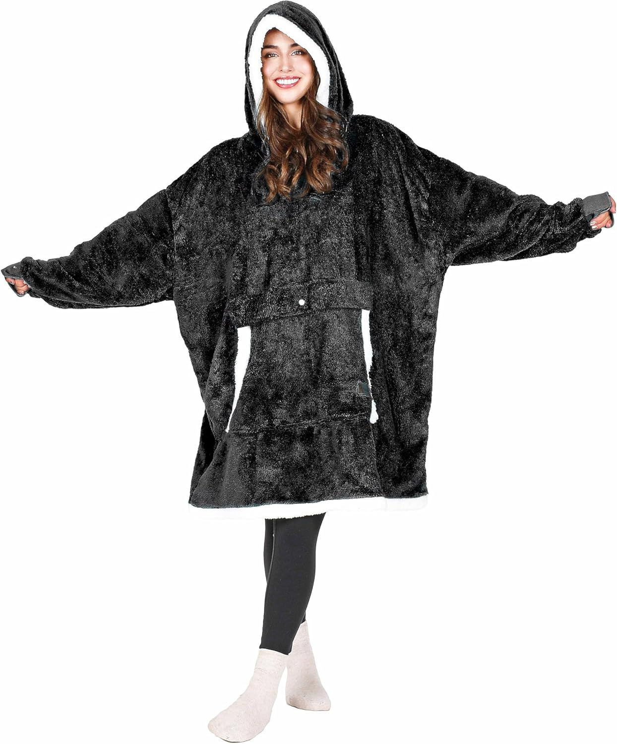 Cozy Up with Tirrinia Extra Long Oversized Sherpa Hoodie Blanket - Perfect Christmas Gift for Men, Women, and Teens in Grey!