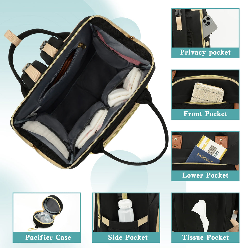 Diaper Bag Backpack, DERSTUEWE Diaper Backpack, Baby Bag with Insulated Bottle Pockets, Unisex, Black