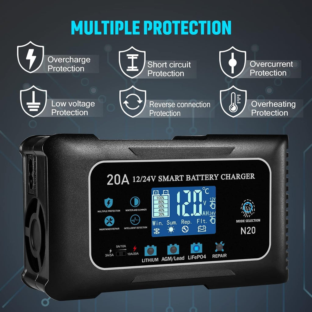 Battery Charger 0-20A 12V and 24V Lithium, Lifepo4, Lead Acid (Agm/Gel/Sla), Smart Car Battery Charger and Maintainer, Trickle Charger with Pulse Repair for Car, Boat, Marine, Deep Cycle