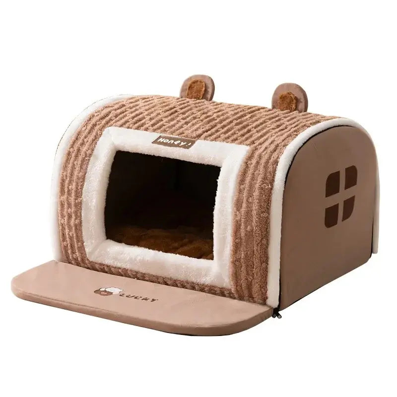 Three-Dimensional Bear Curved Cozy Winter Dog House and Cat Bed - Thickened Windproof Enclosure for Medium and Small Pets
