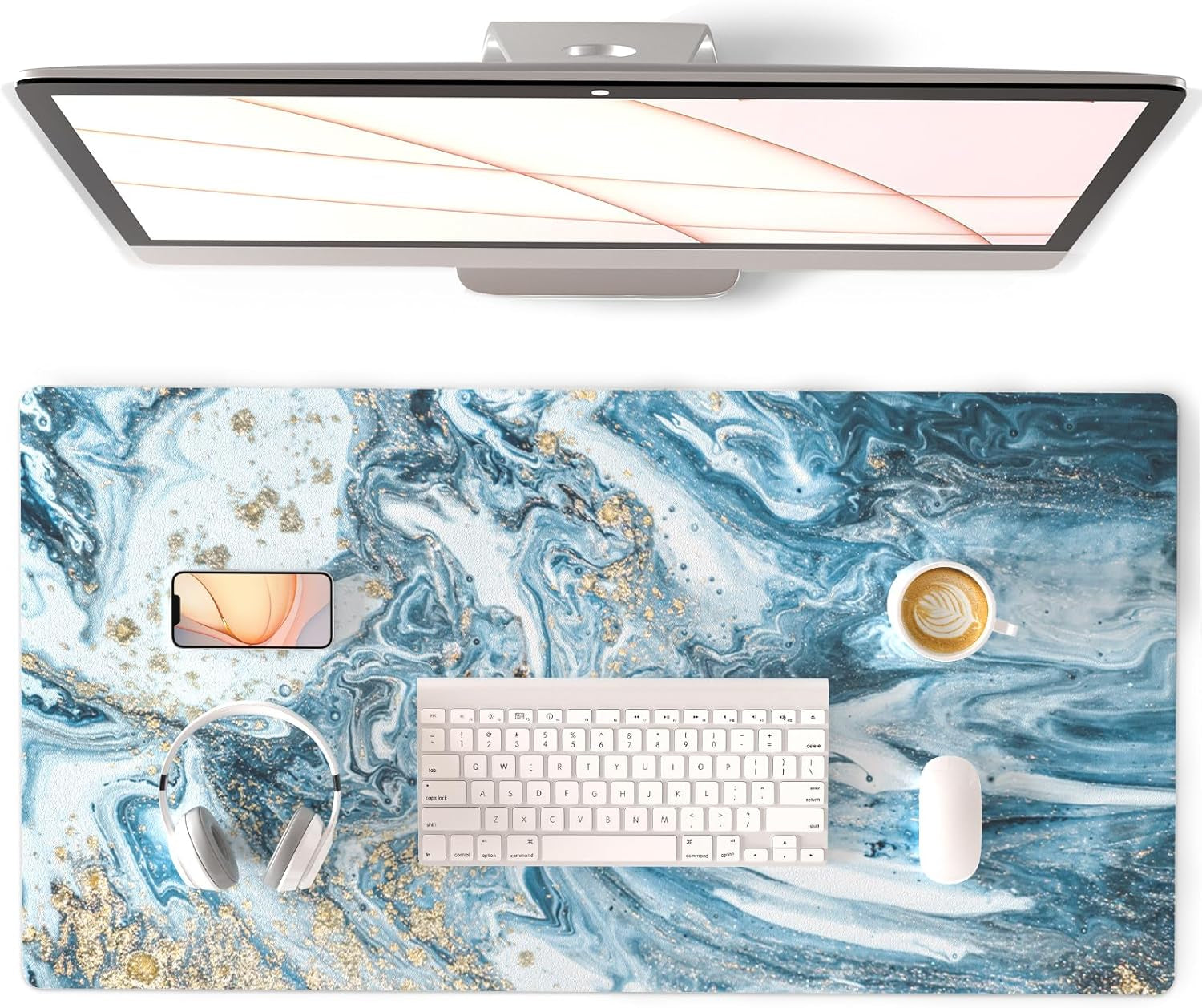 QIYI White Mouse Pad, Cute Marble Large Desk Mat, PU Leather Desk Protector Mousepad, Gold Grey Striped Waterproof Computer Keyboard Gaming Mouse Pads, Non Slip Extended Writing Pad 31.5" X 15.7"