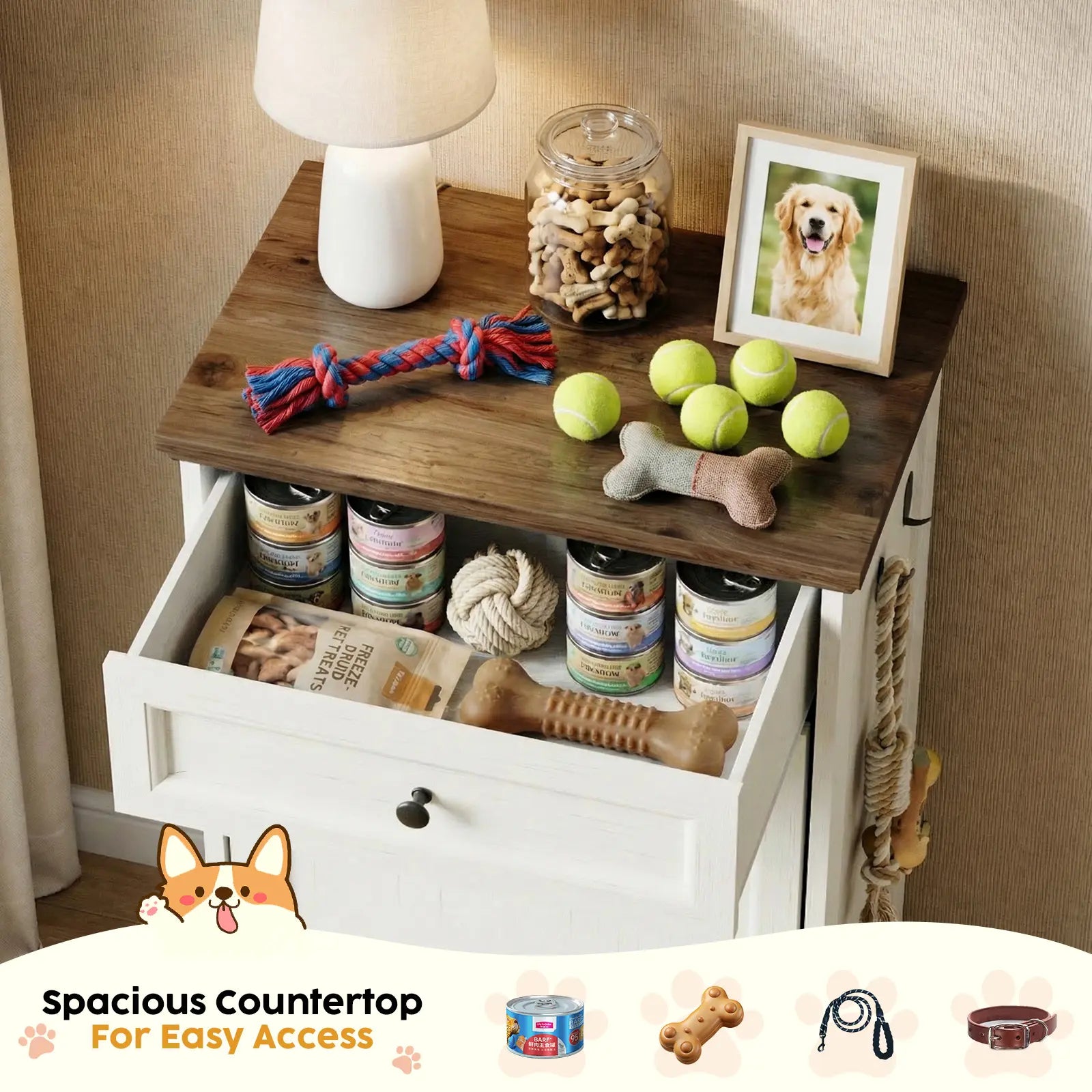 Elevated Dog Feeding Station with Tilt-Out Food Cabinet and Drawer for Pet Feeding and Kitchen Storage