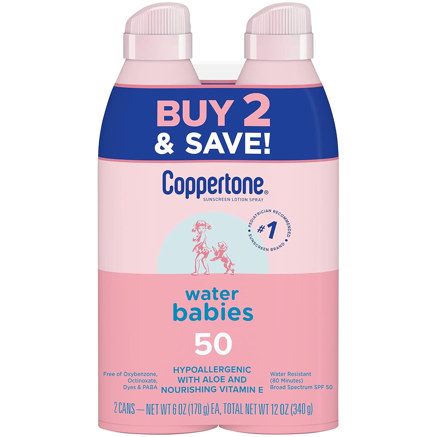 Coppertone Waterbabies Sunscreen Spray SPF 50, Spray on Sunscreen for Babies, Water Resistant, Pediatrician Recommended, 6 Oz, Pack of 2