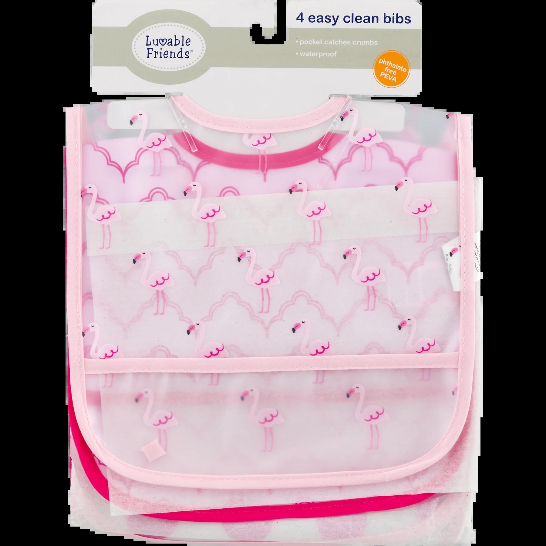 Luvable Friends Baby Girl Waterproof PEVA Bibs 4Pk, Flamingo, One Size