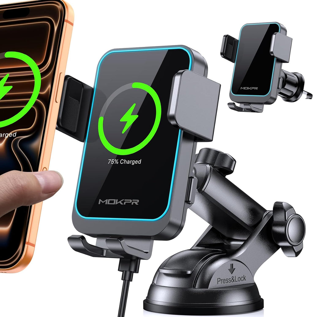 MOKPR Wireless Car Charger, Auto Clamping Car Charger Dash Windshield Air Vent Phone Holder Compatible with Iphone 17 16 15 14/13/13 Pro/12 Pro/12/11/X/8, Samsung S24/S23/S22