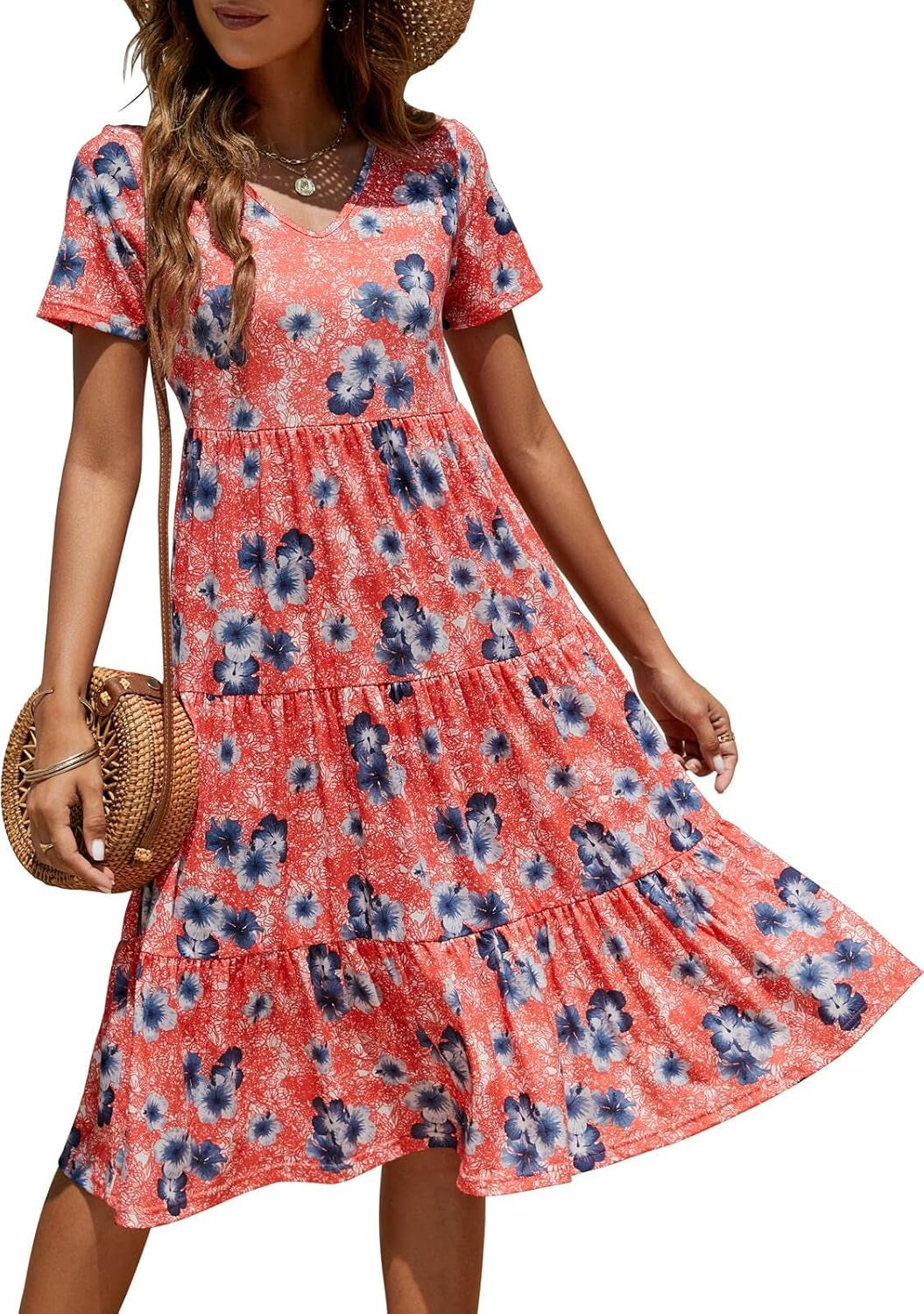 Berydress Women'S Casual Summer Tiered Midi Dress 2025 Short Sleeve V-Neck Loose Cotton Ruffle Babydoll Dress Boho Sundress
